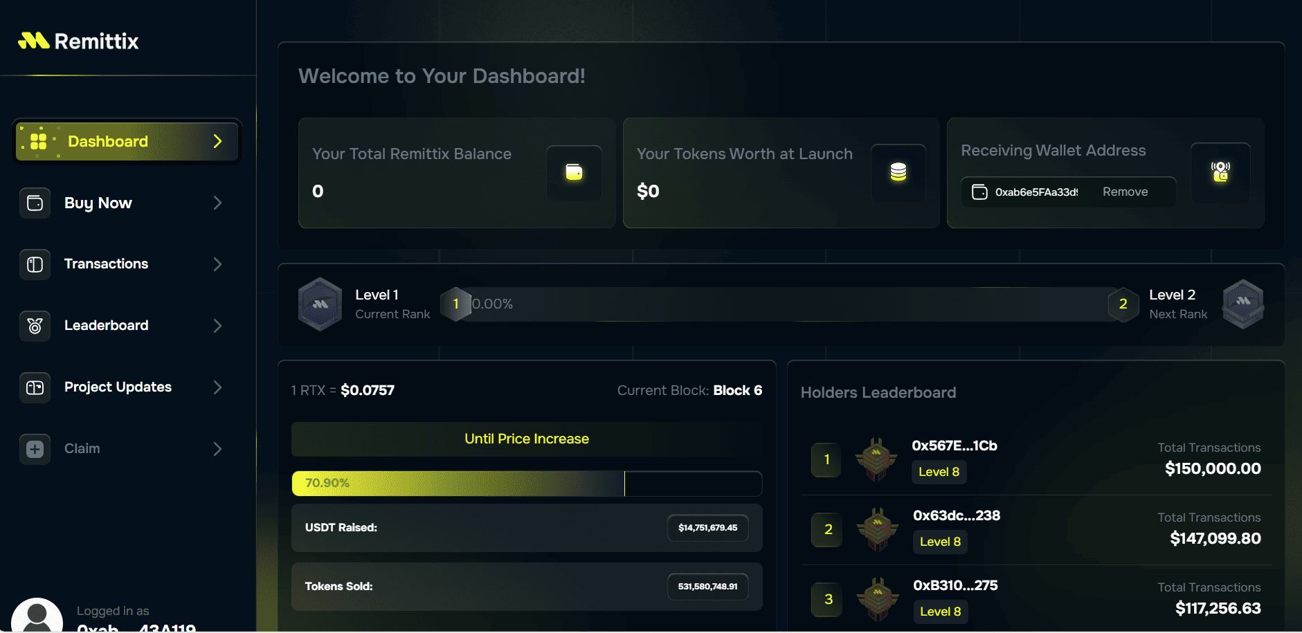 ICO User Dashboard